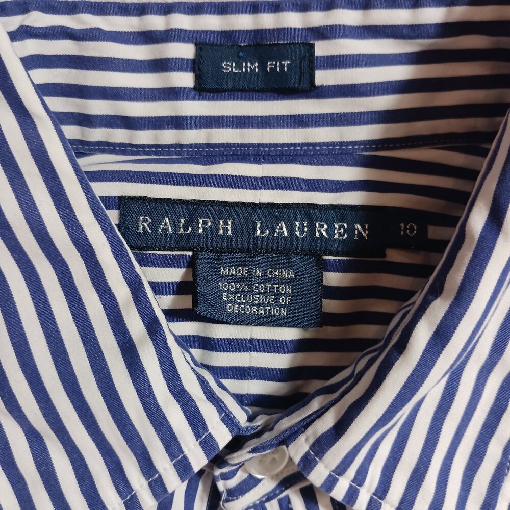 Ralph Lauren Slim Fit Navy & White Pin Stripe Shirt, Cotton , Size 10, Preppy - Picture 2 of 16